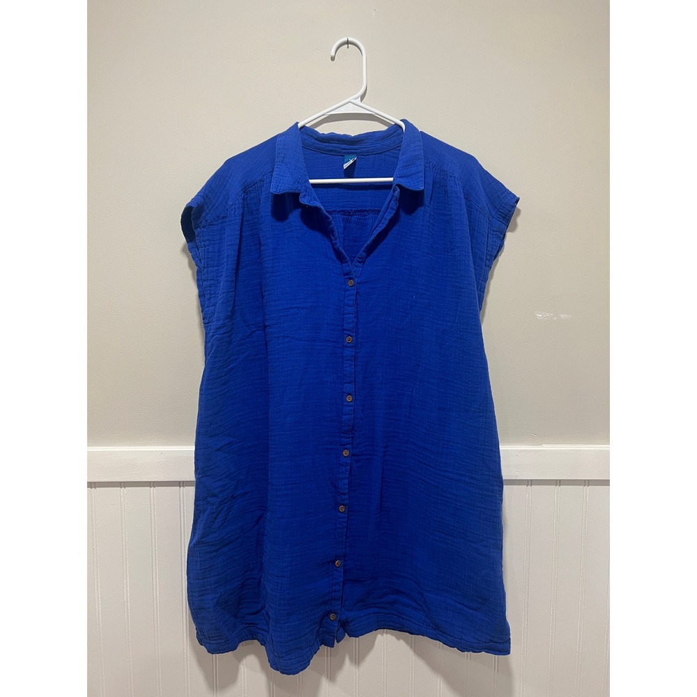 Old Navy Button Down Shirt Dress Mini Blue Cap Sleeve Summer Women Size Large
